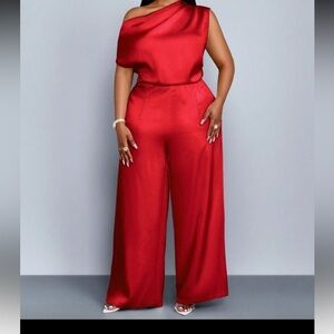 SHEIN Red One-Shoulder Wide Leg Jumpsuit